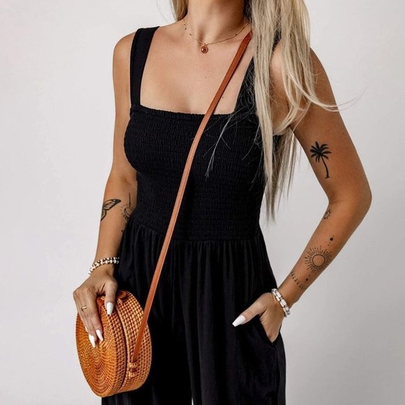Black Casual Womens Solid Slant Pocket Cami Wide Leg Jumpsuit - Picture 3 of 5